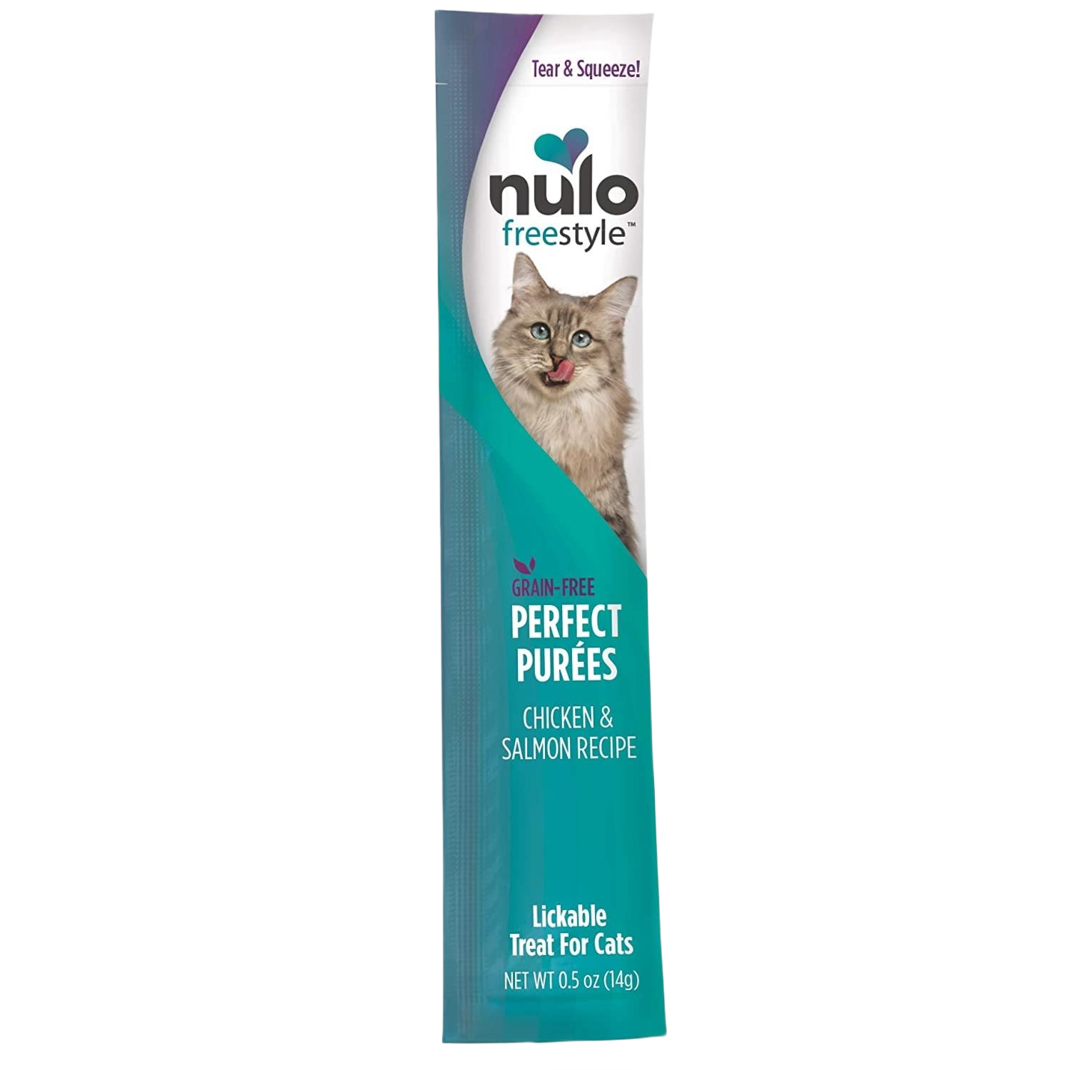 Slim teal cat treat pouch with image of cat, labeled chicken and salmon puree for cats