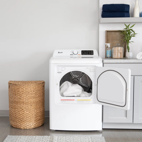White front load electric clothes dryer with open door showing laundry inside in home appliances and dryers collection