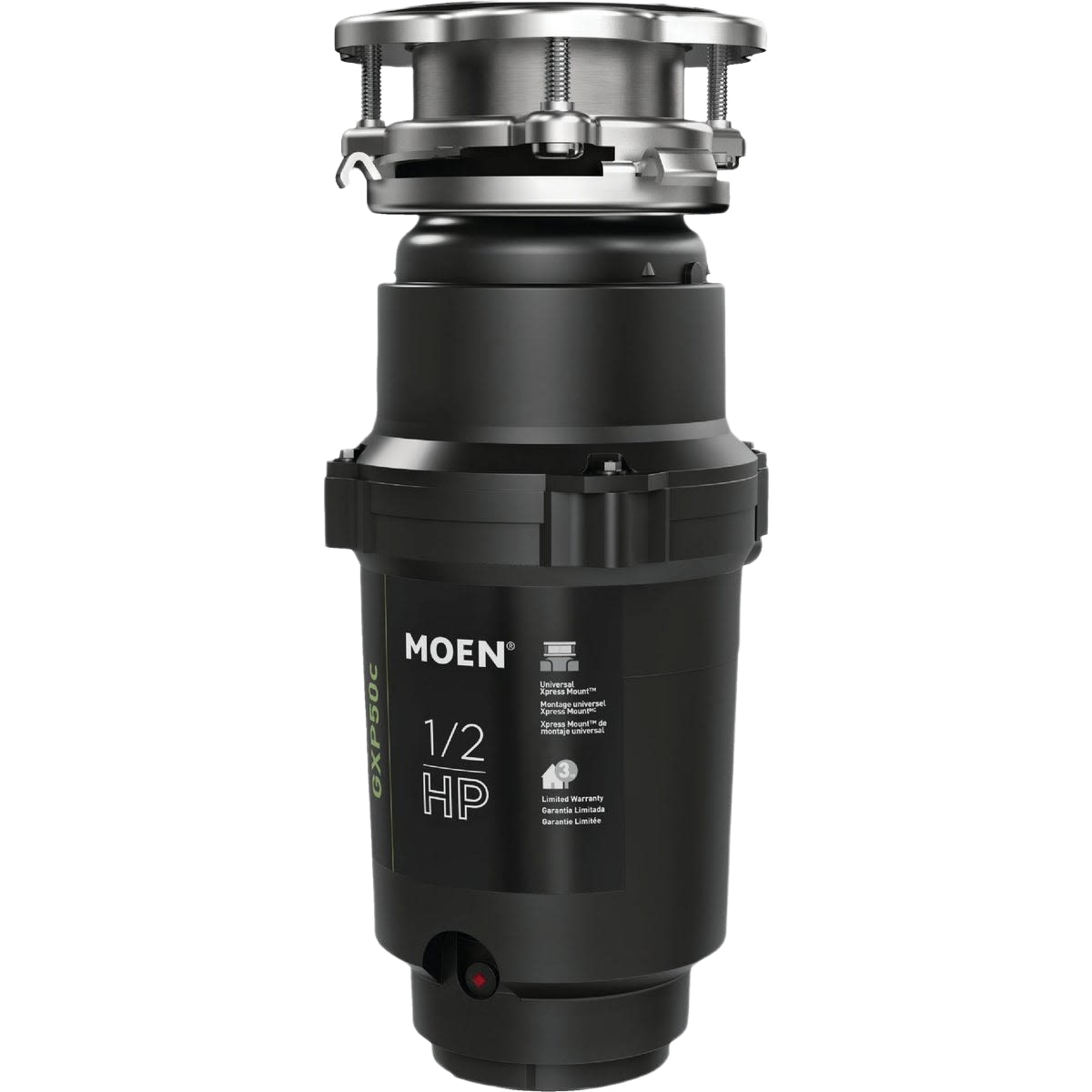 Compact black galvanized steel garbage disposer with 1/2 horsepower motor for plumbing and home improvement use