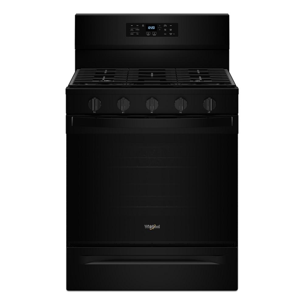 Black freestanding gas range with digital control panel and five burner knobs in kitchen appliances collection