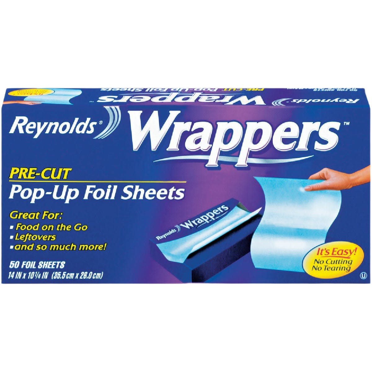 Box of pre-cut pop-up foil sheets designed for convenient food wrapping in kitchenware and home use collections