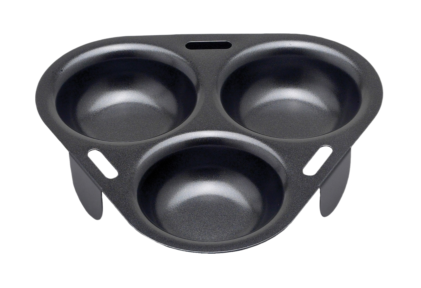 Black non-stick carbon steel egg poacher insert with three cups for kitchenware and cooking tool collections