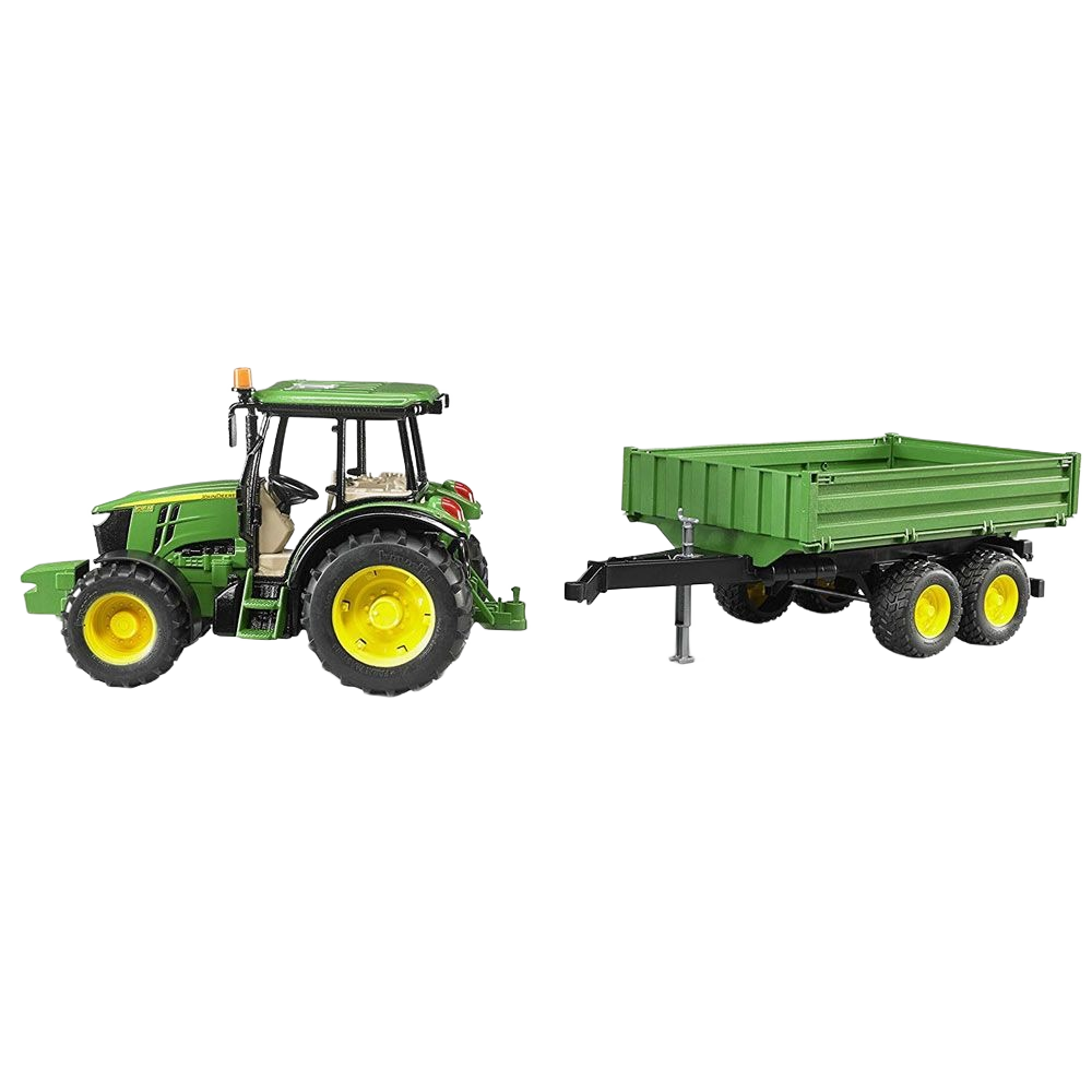 Green tractor model with yellow wheels attached to matching green trailer designed for farm and home improvement play.