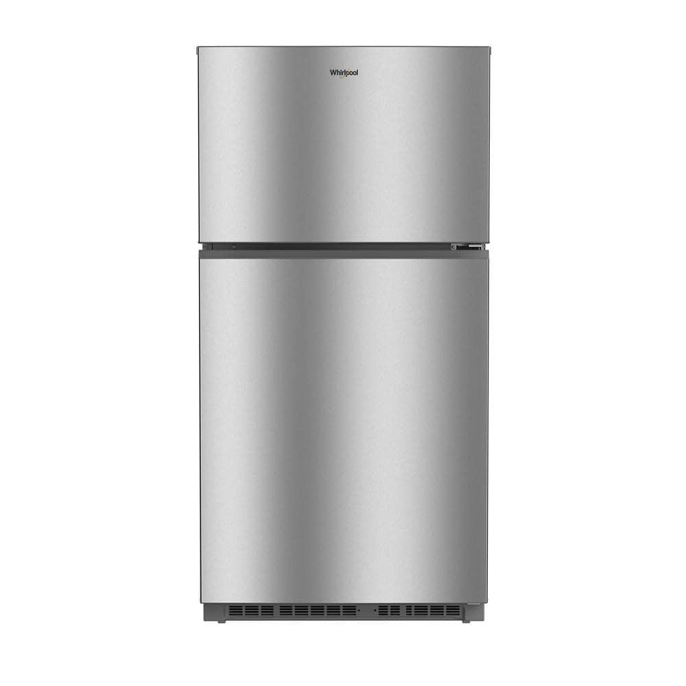 Front view of a silver Whirlpool top freezer refrigerator with smooth finish, featured in Refrigerators, Top Freezer Refrigerators, Kitchen & Kitchenware, and Appliances at Hartville Hardware.