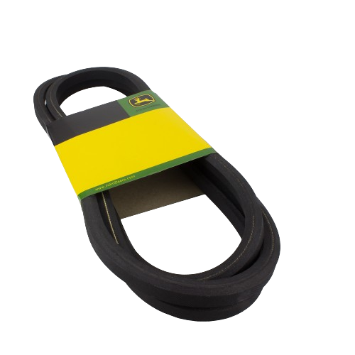 Black rubber V-belt with yellow and green branded label designed for outdoor equipment and home improvement tasks
