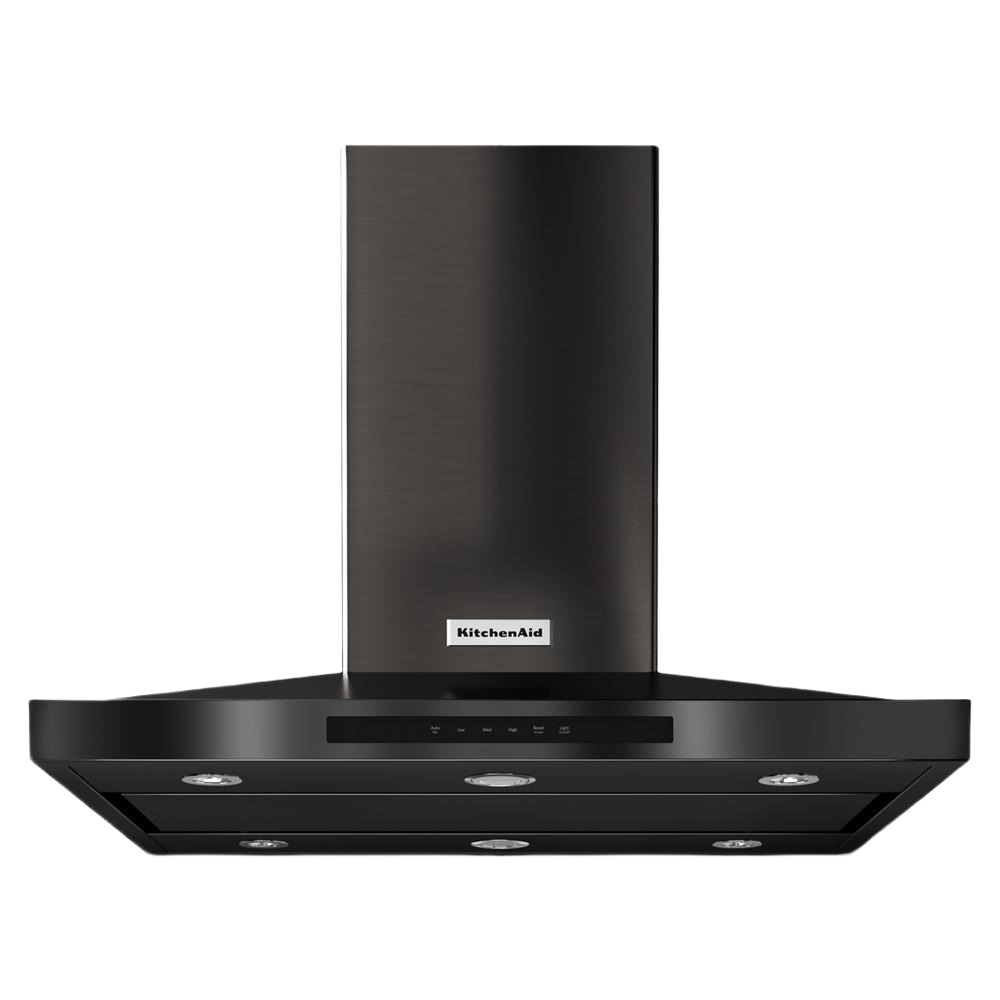 Modern black 36-inch island range hood with digital control panel and LED lights, part of KitchenAid kitchen appliances and home improvement collections.