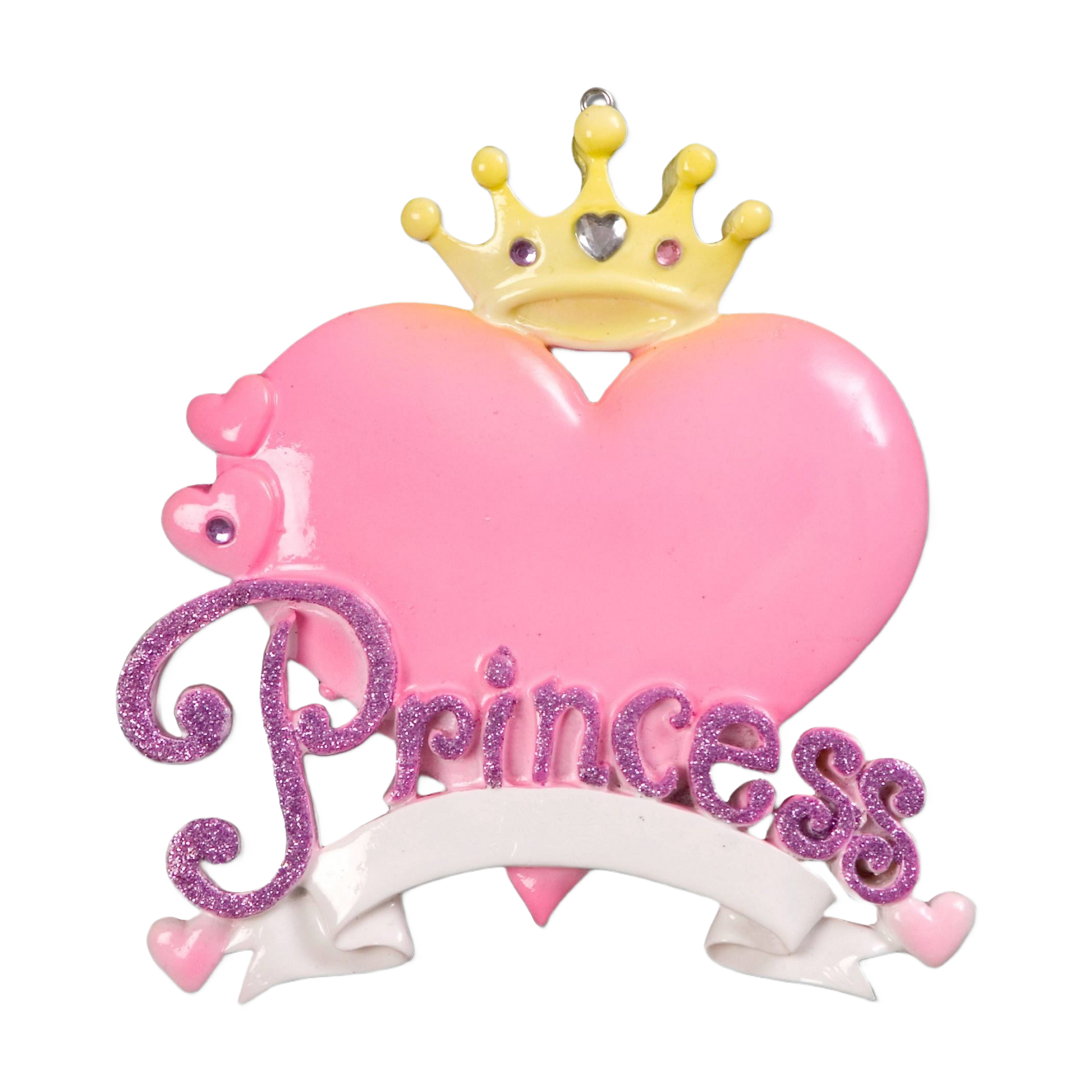 Pink heart ornament with yellow crown and glittery purple "Princess" text for Christmas Ornaments & Tree Decorations under $50 collection
