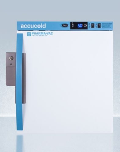 Compact white vaccine refrigerator with blue accents and digital temperature display for mini refrigerators collection