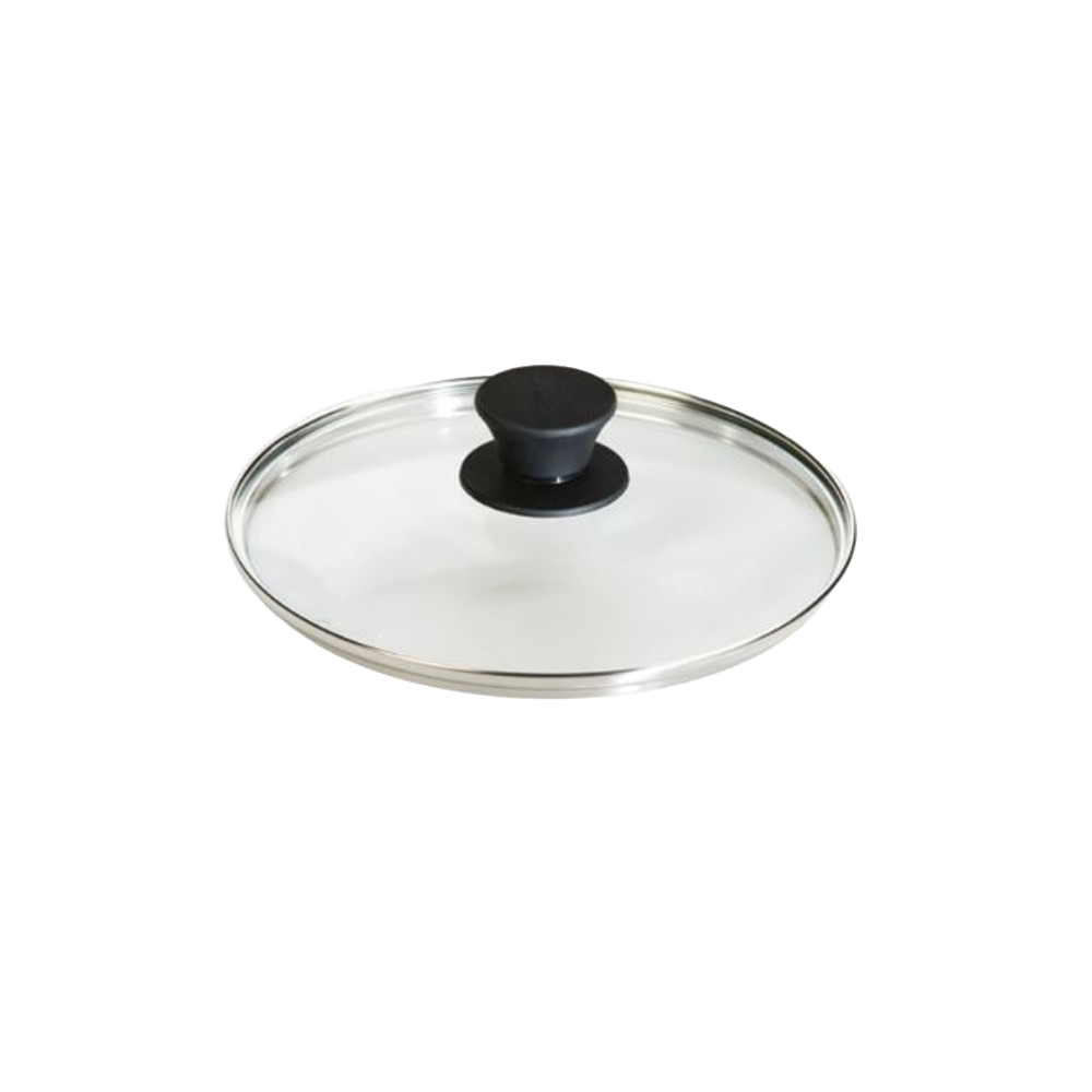 Clear round tempered glass lid with black knob and stainless steel rim for kitchenware under $50 collection