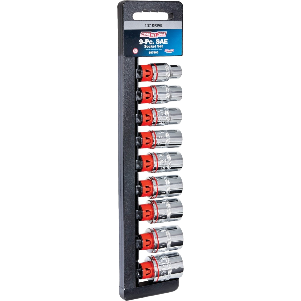 Set of nine polished chrome shallow sockets with 12-point design, organized in a black holding tray for home improvement use