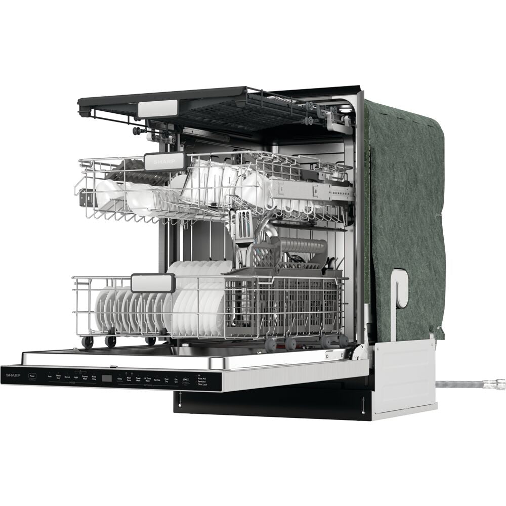 Open stainless steel dishwasher with three racks loaded with white dishes and kitchenware in appliances setting
