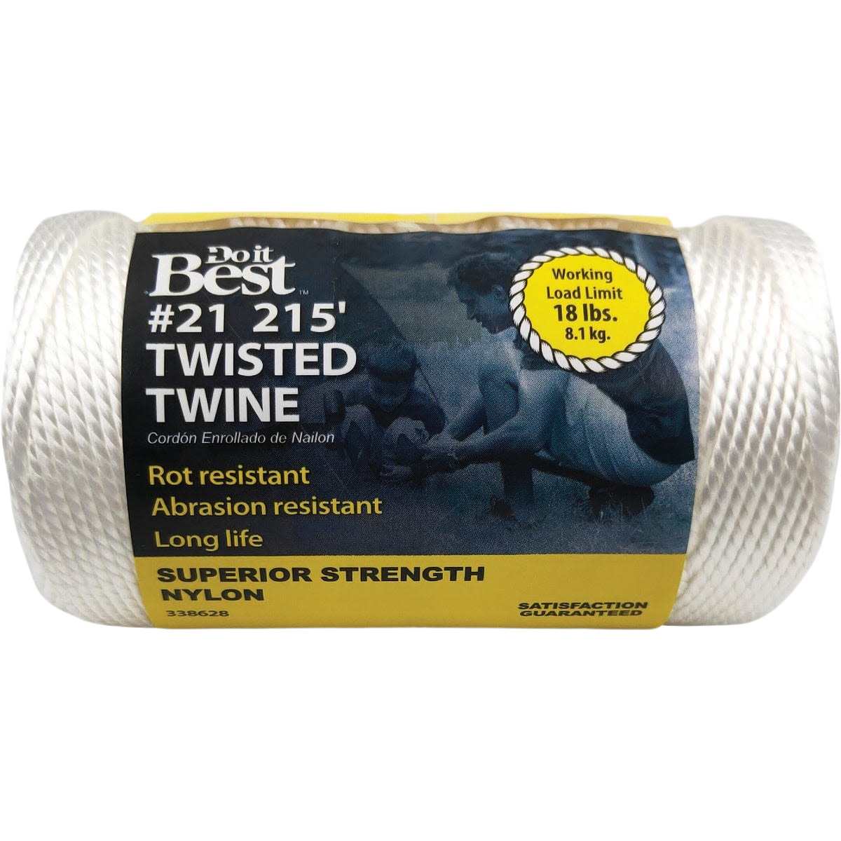 White nylon twisted twine spool with 215 feet length for durable use in tools and home improvement projects