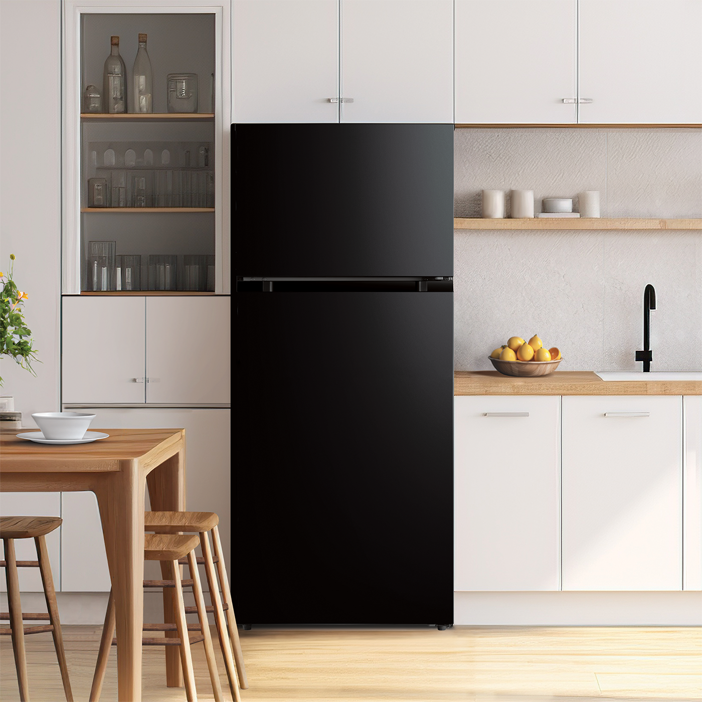 Black top freezer refrigerator with smooth finish in modern kitchen with white cabinetry and wooden accents