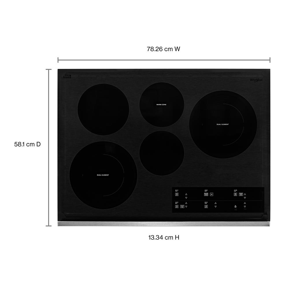Black 30-inch electric ceramic glass cooktop with five radiant elements and digital touch controls from kitchen appliances.