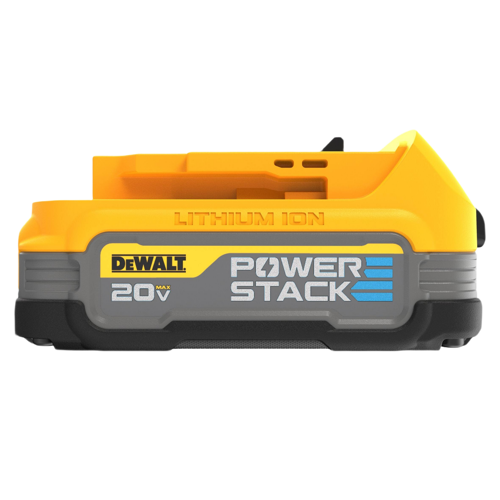 Yellow and black 20V lithium ion compact battery with POWERSTACK technology for tools and home improvement use