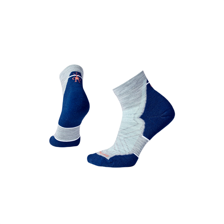 Pair of women's low-cut athletic socks in gray and navy with cushioned soles for running and active wear