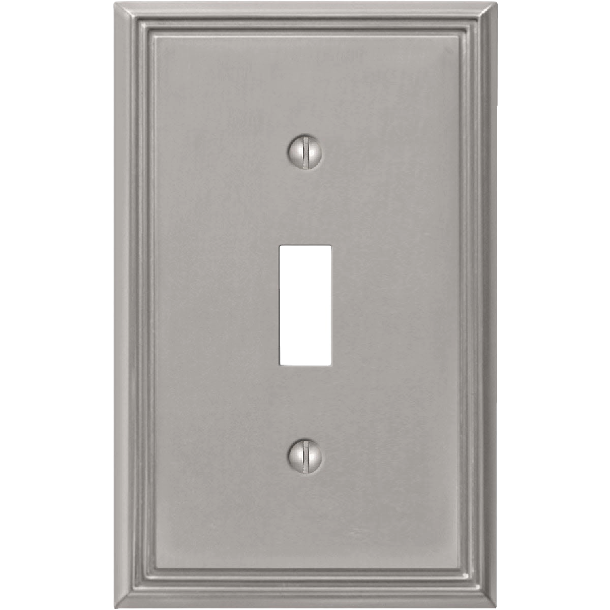 Brushed nickel metal toggle switch wall plate with classic raised border design for electrical outlet upgrades