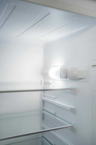 Interior of a spacious top mount refrigerator with adjustable glass shelving and bright LED lighting in appliances collection