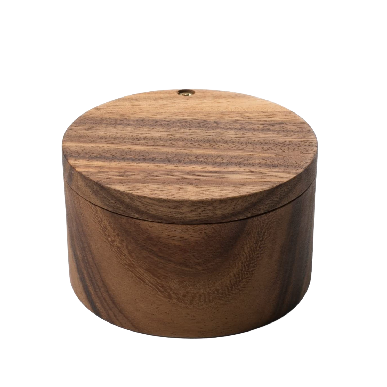 Round acacia wood salt cellar with a tight-fitting lid for kitchen utensils in under $50 cooking utensils collection