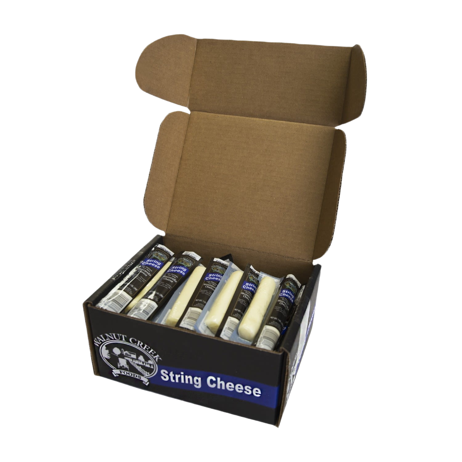 Open box of individually wrapped string cheese sticks in black packaging for snack and food collections