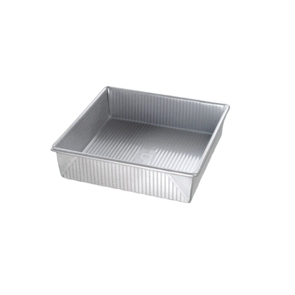 Square metal cake pan with ridged sides for even baking in kitchenware and bakeware collections