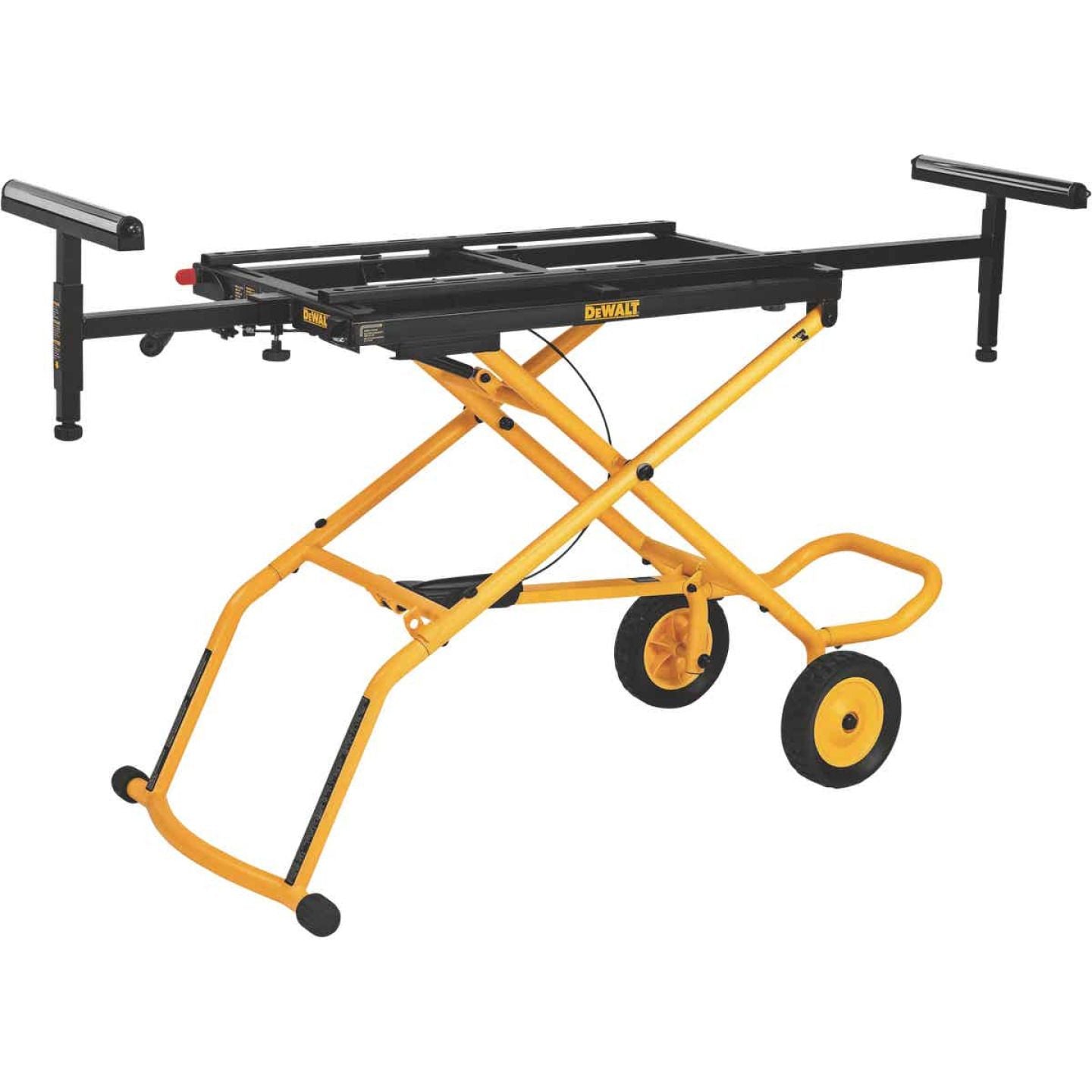 Portable yellow and black rolling stand designed to support miter saws for tools and home improvement use