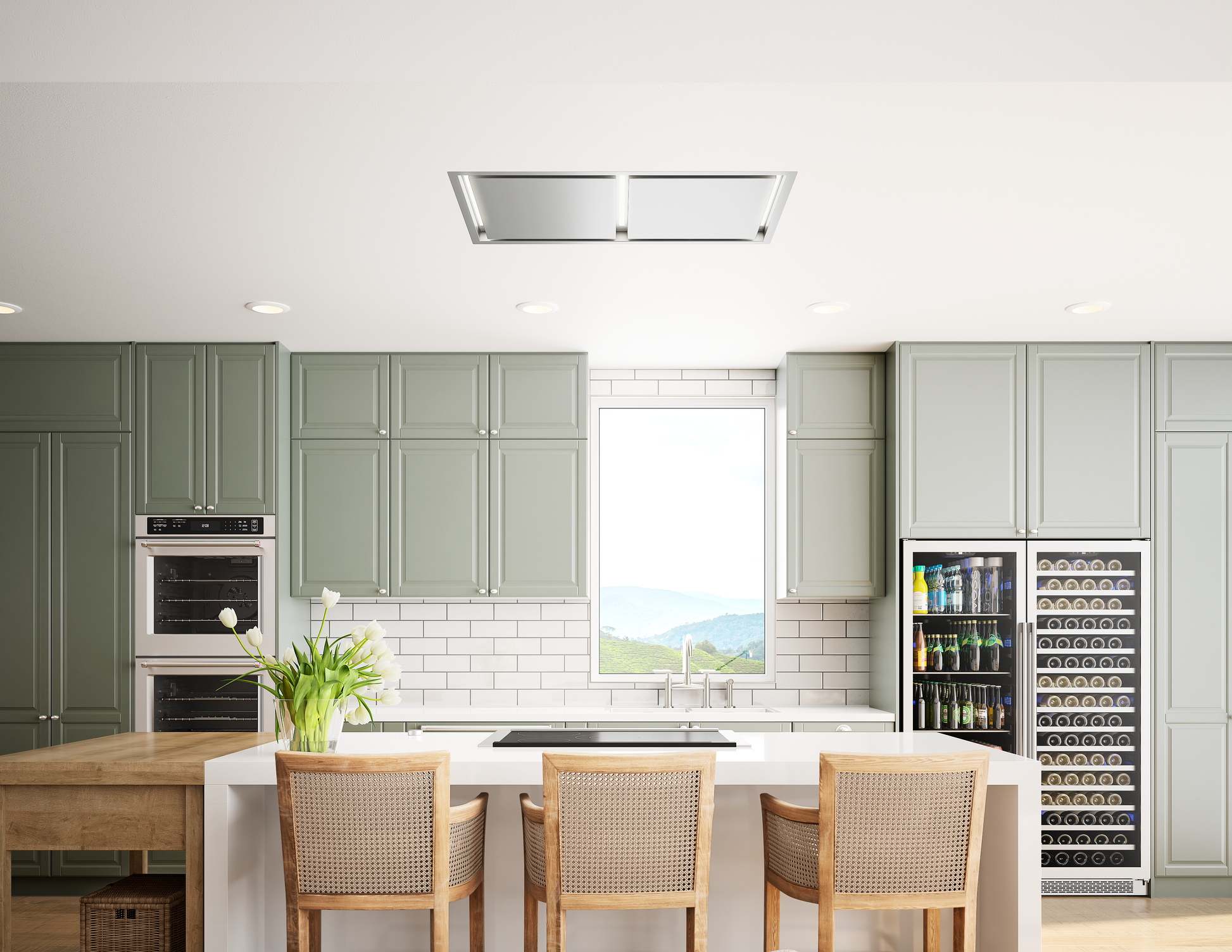 Modern kitchen featuring a sleek stainless steel ceiling-mounted range hood, integrated with minimalist cabinetry, part of Range Hoods and Kitchen & Kitchenware collections.