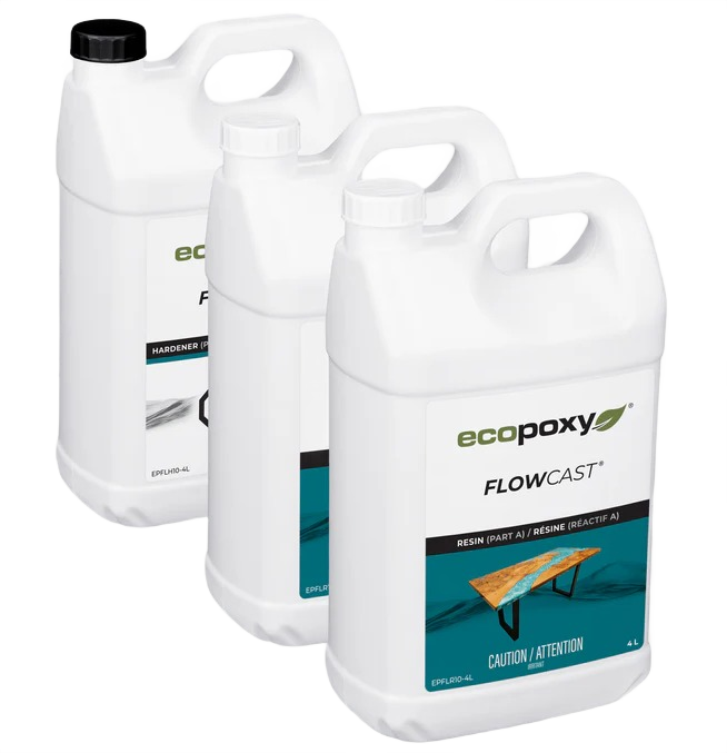 EcoPoxy FlowCast epoxy kit containers for wood sealers and finishing in home improvement and wood projects