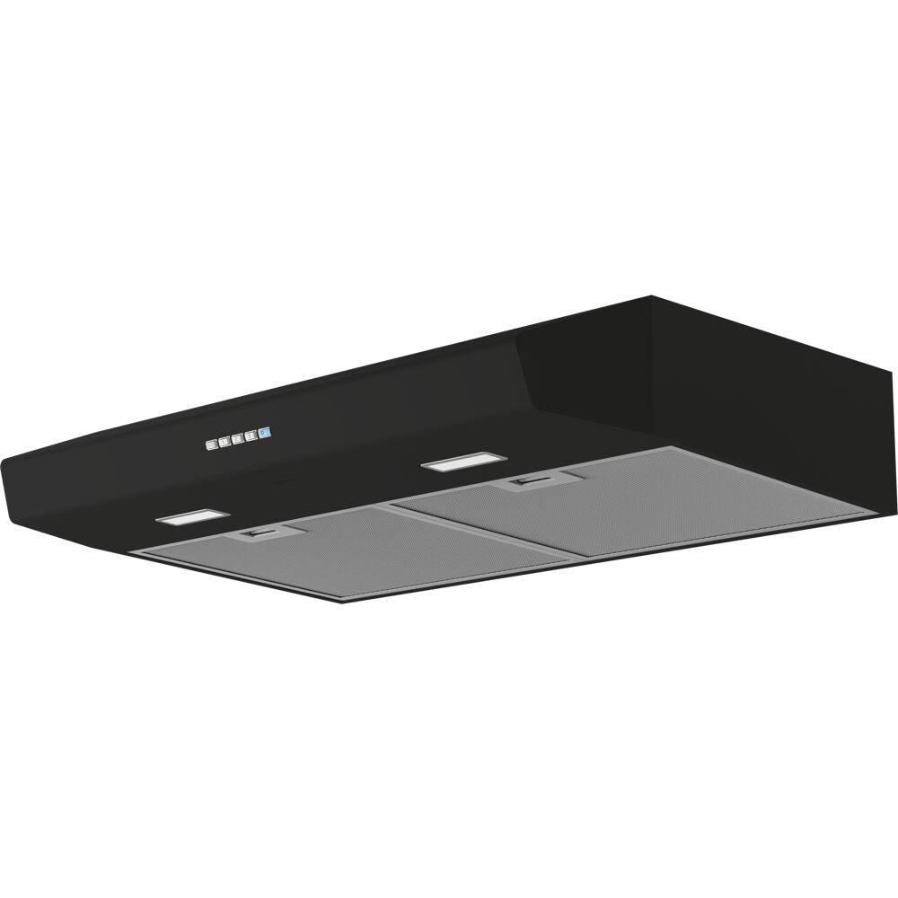 Black under cabinet range hood with LED lights and aluminum filters from kitchen appliances collection
