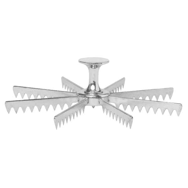 Metal pie marker with serrated blades arranged in a star shape for creating decorative pie crust edges