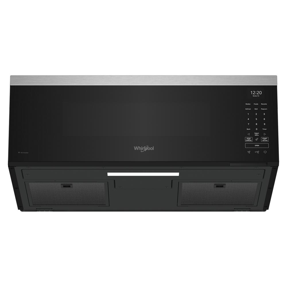 Black low profile smart microwave hood with stainless steel trim and digital controls from kitchen appliances collection