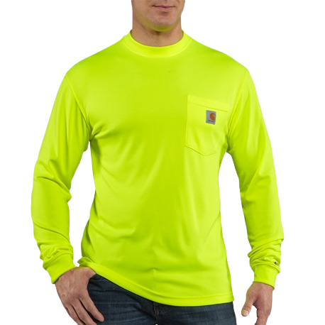 Men's high-visibility long-sleeve performance shirt in bright lime with chest pocket and moisture-wicking fabric from Carhartt workwear collections.