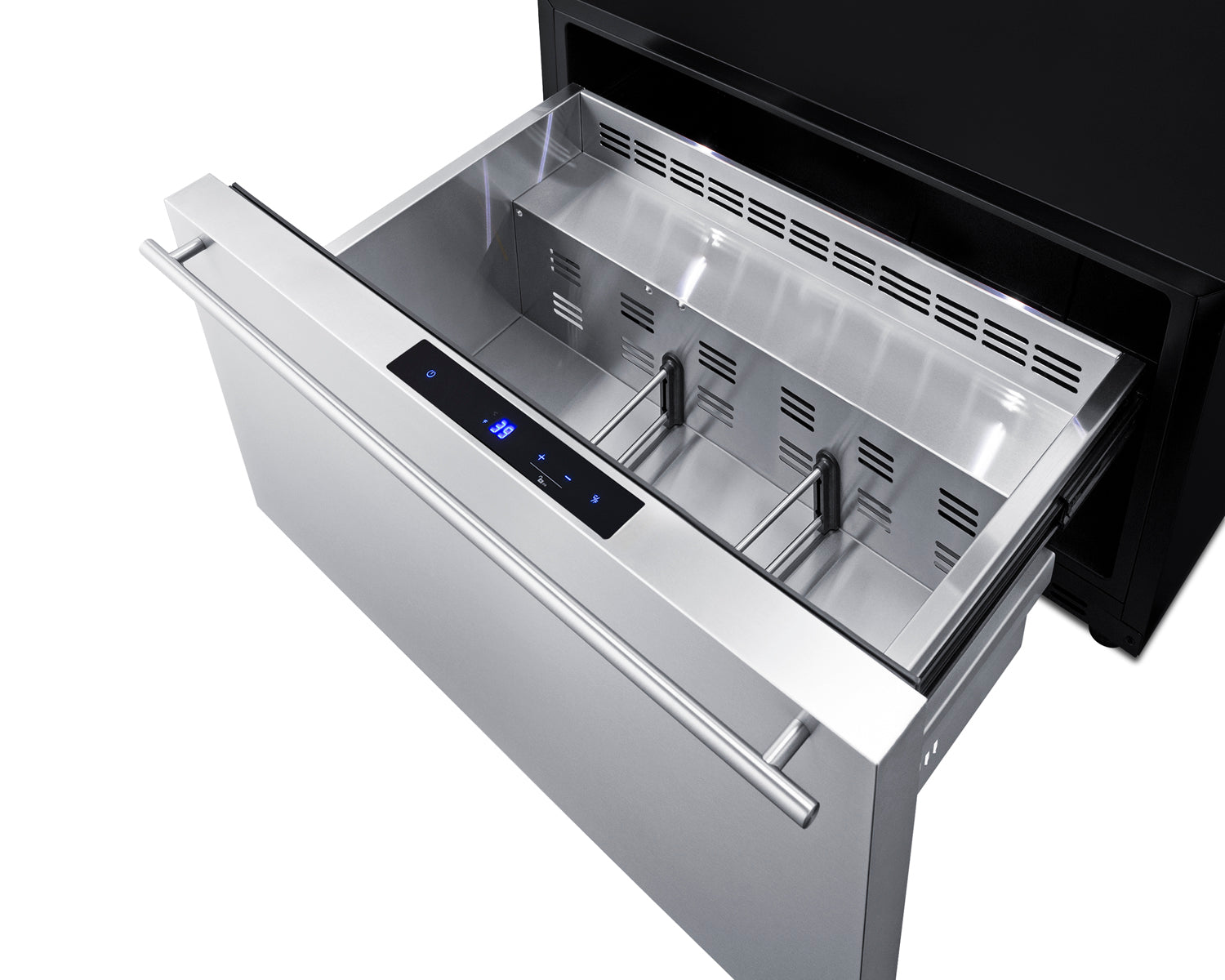 Stainless steel built-in drawer refrigerator open to reveal divided interior with digital temperature control in kitchen appliances collection