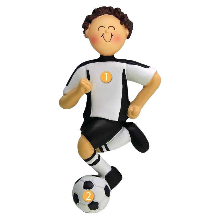 Personalized brunette boy figurine in black and white soccer uniform with ball for Christmas Ornaments & Tree Decorations collection