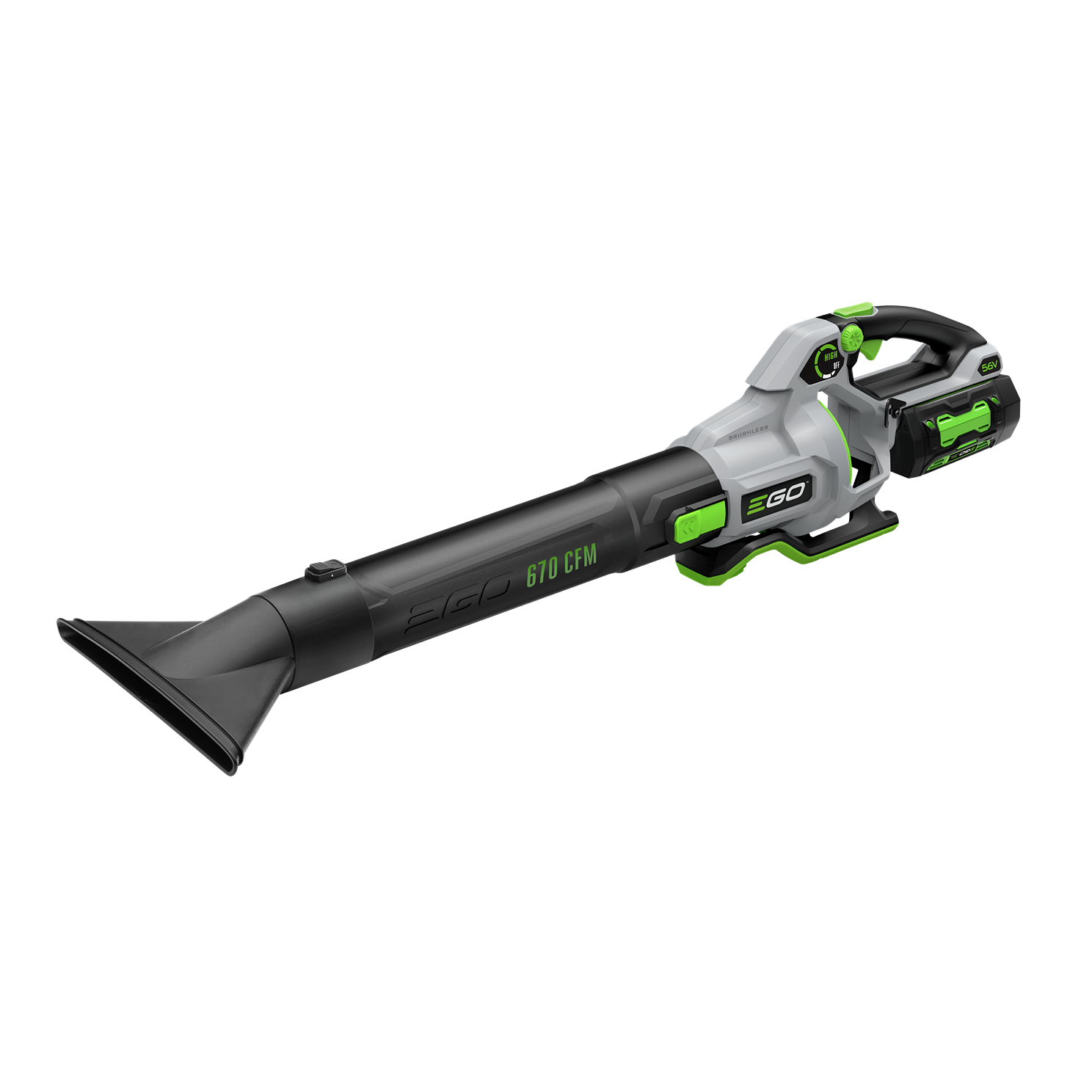 Cordless blower with gray and black body featuring green accents, battery attached, for tools and home improvement tasks