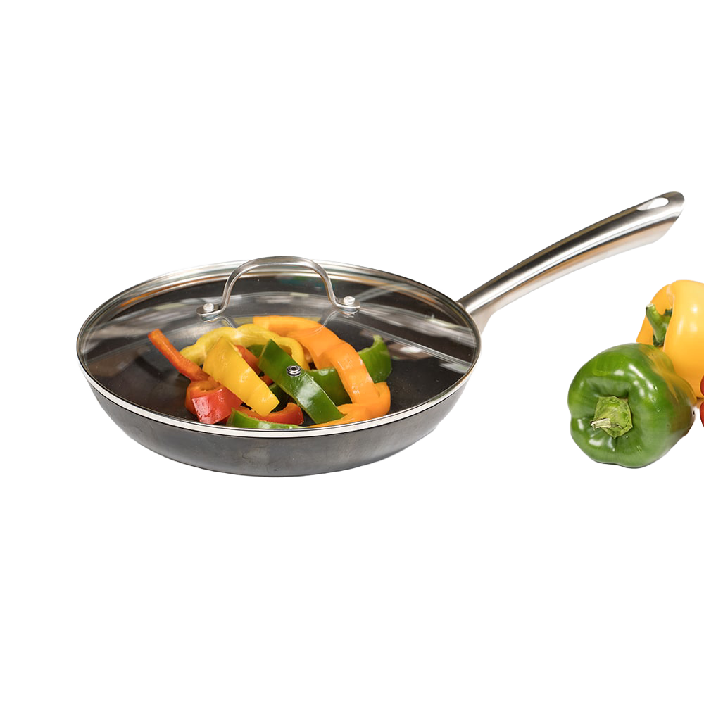 Nitrogen hardened cast iron skillet with glass lid holding sliced colorful bell peppers in kitchenware collections