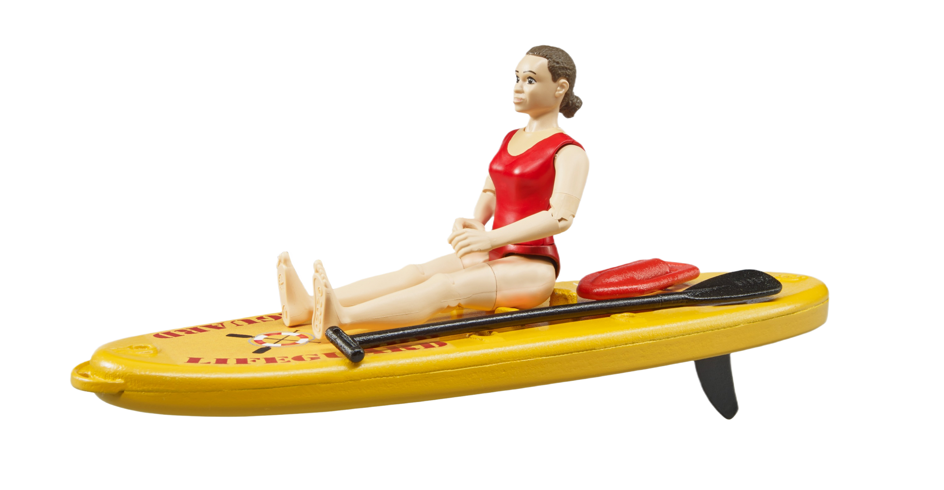 Lifeguard figure in red swimsuit seated on a yellow stand-up paddleboard with two paddles for playtime fun