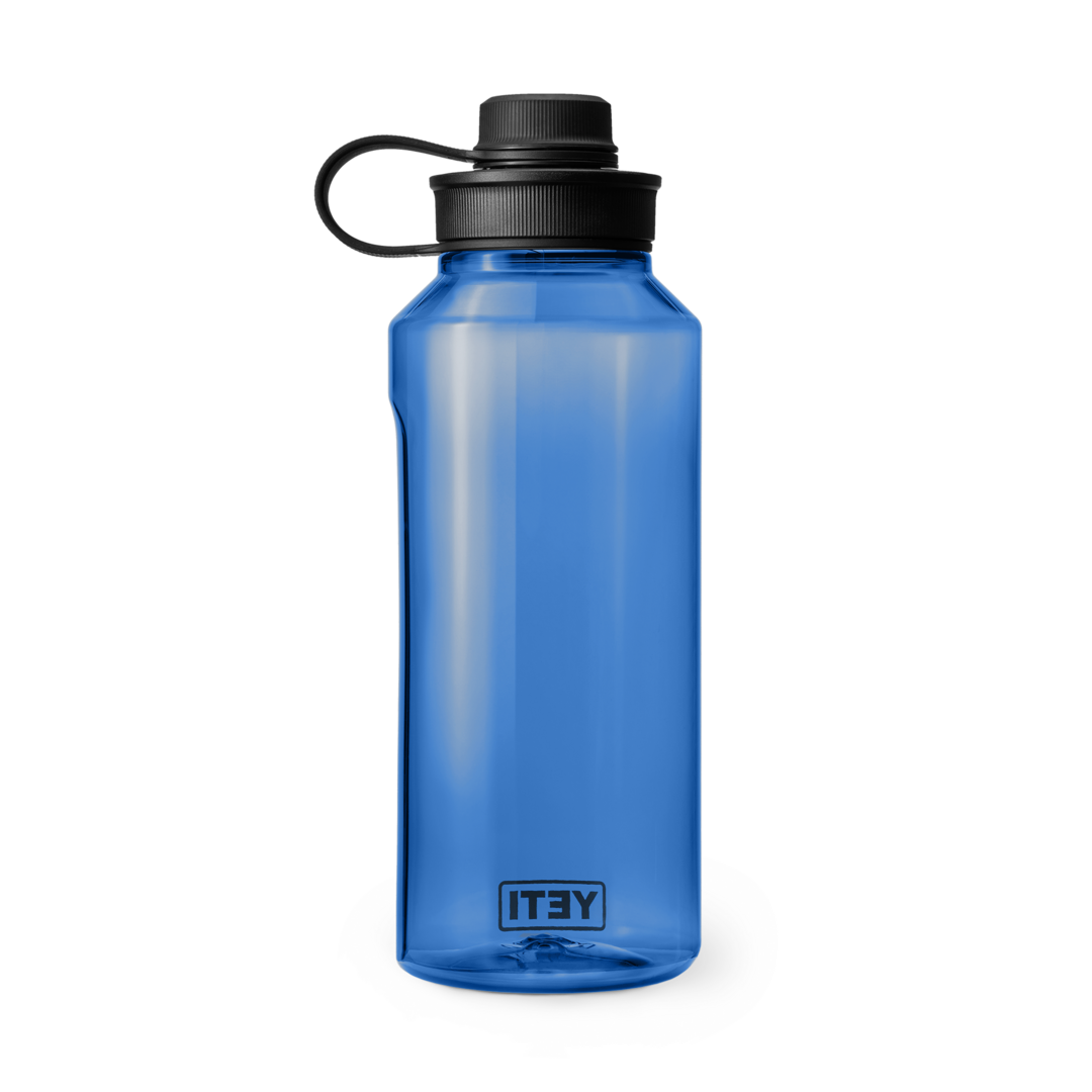Translucent blue 1.5L water bottle with black tether cap, durable drinkware for kitchen, outdoor, and everyday use collections