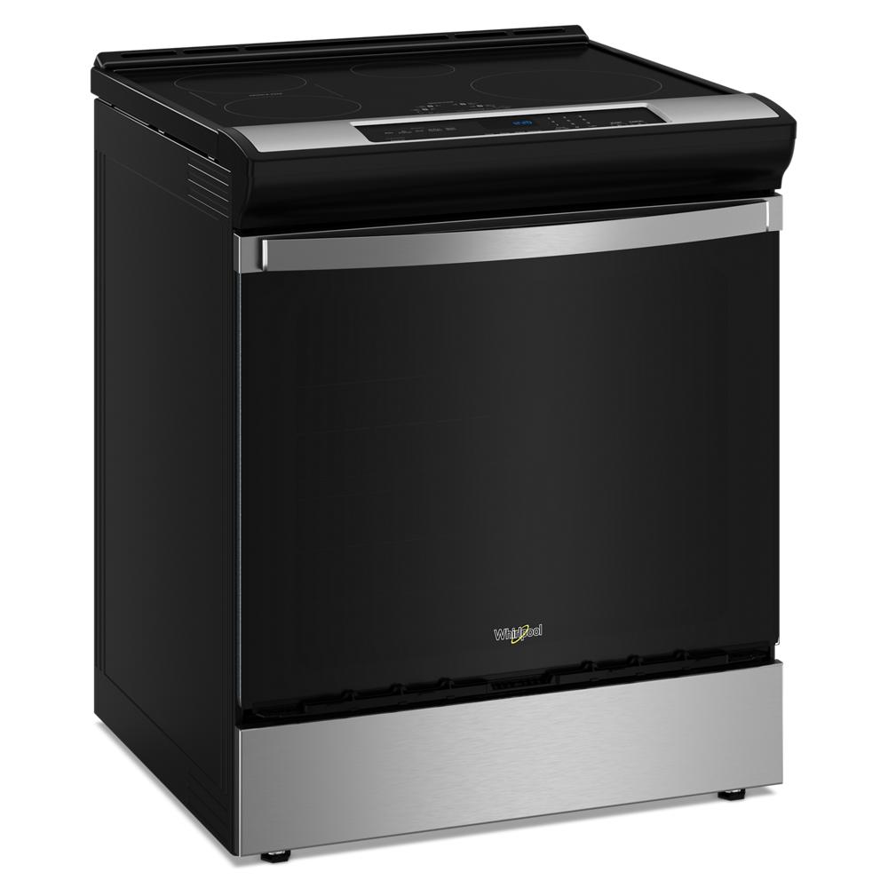 black and stainless steel 30-inch induction range with smooth cooktop and digital controls in kitchen appliances collection