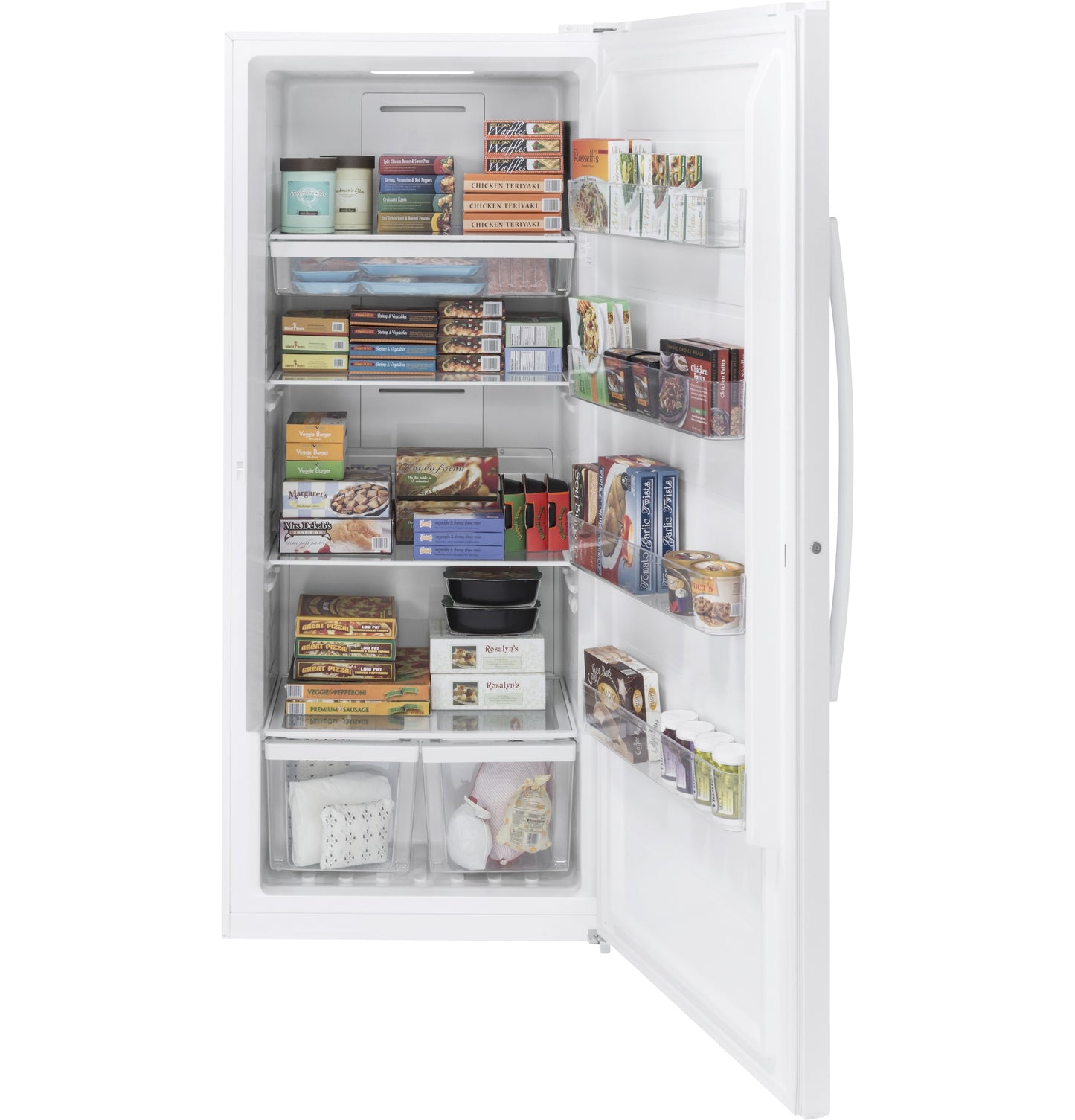 Open white upright freezer filled with frozen food boxes and plastic storage drawers from appliance collection