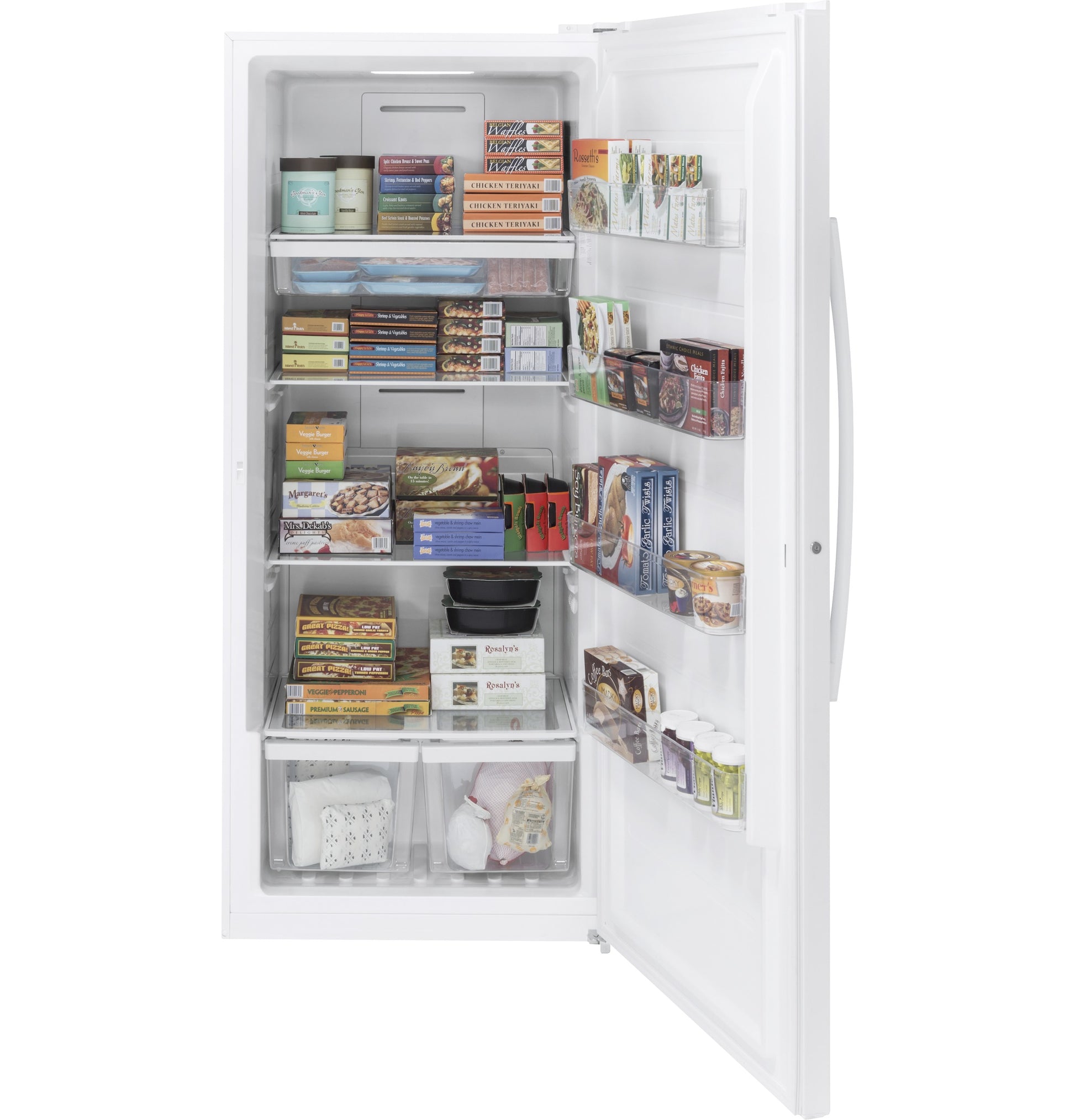 Open white upright freezer filled with frozen food boxes and plastic storage drawers from appliance collection