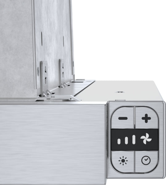 Close-up of stainless steel pull-out range hood control panel with touch buttons and ventilation fan settings