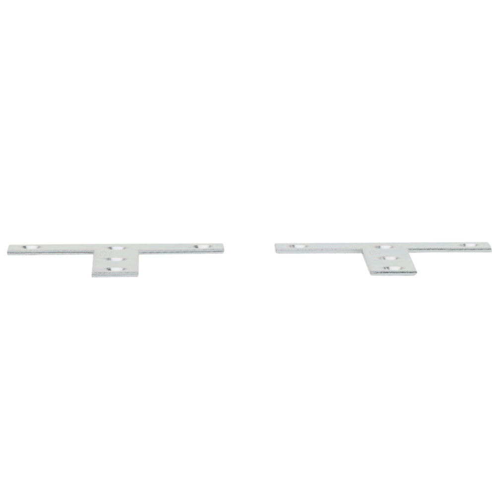 Two zinc T-plates with countersunk holes for 90-degree wood joints in building hardware and lumber materials collections