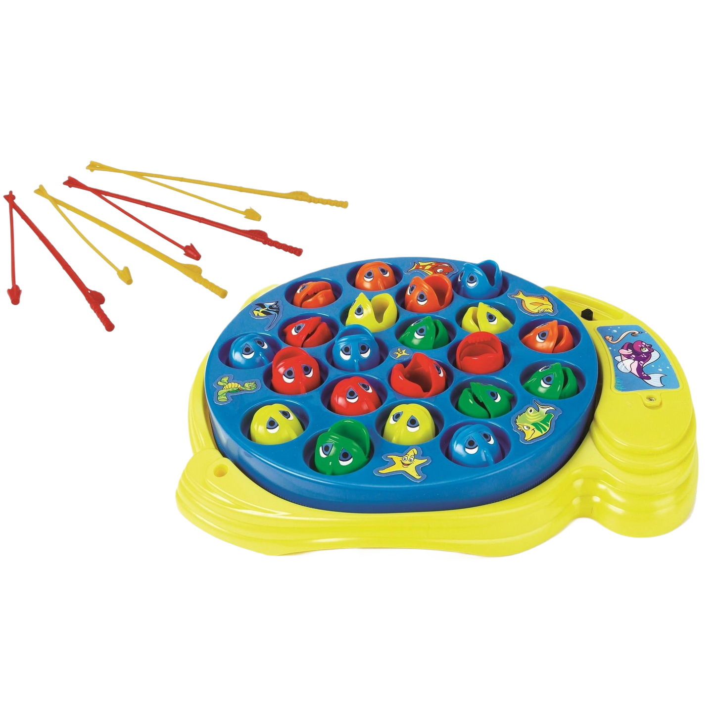 Colorful children's fishing game with rotating blue and yellow base, multiple plastic fish, and red and yellow fishing rods