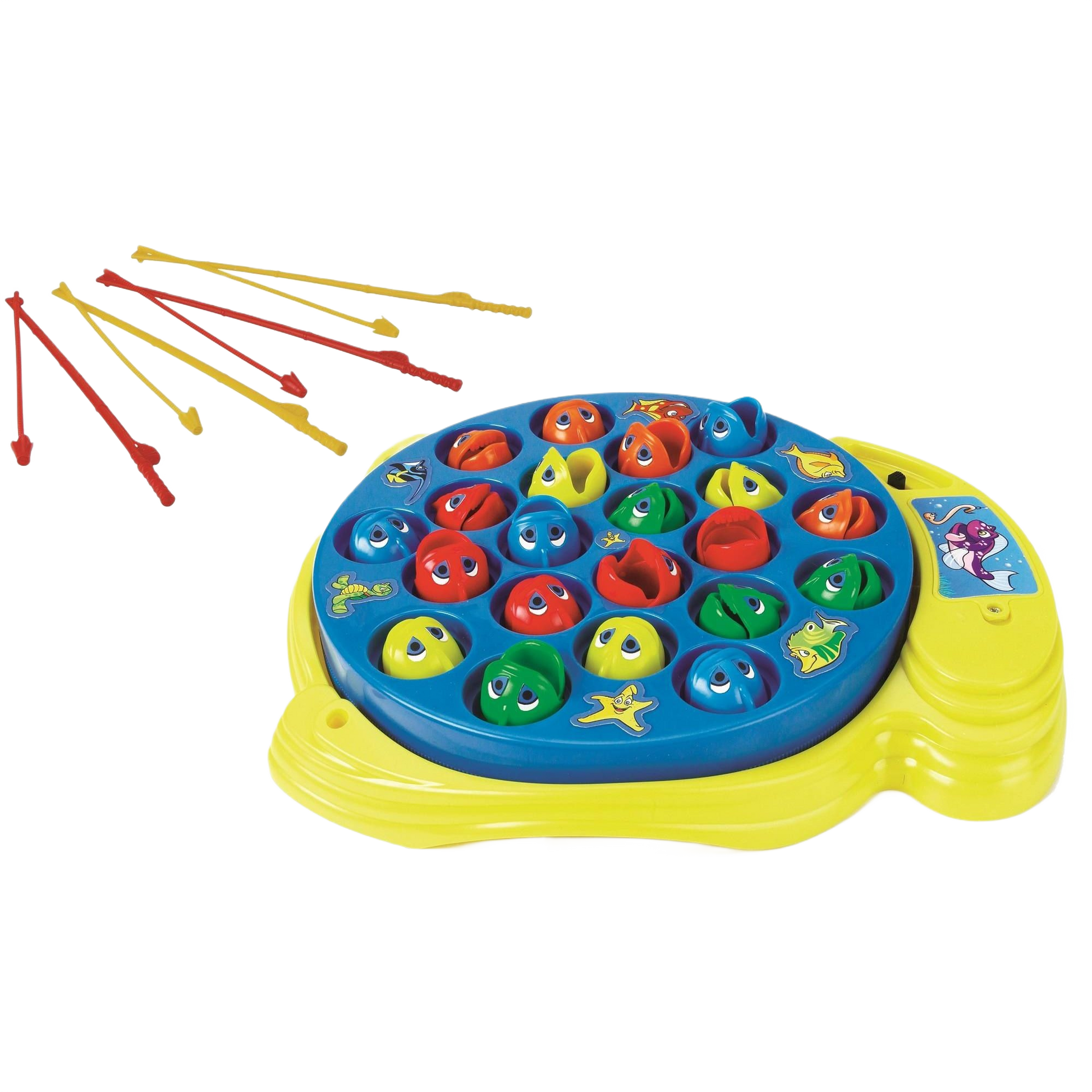 Colorful children's fishing game with rotating blue and yellow base, multiple plastic fish, and red and yellow fishing rods