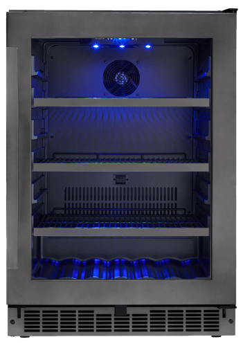 Freestanding dark tempered steel single zone beverage center with glass door and blue interior lighting in Appliances collection