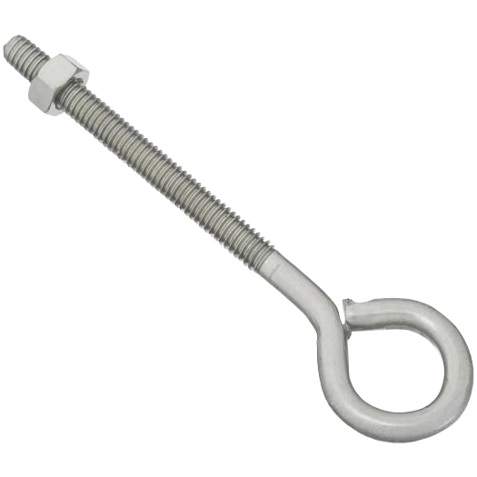 Stainless steel eye bolt with threaded shaft and hex nut for hardware, fasteners, and home improvement projects