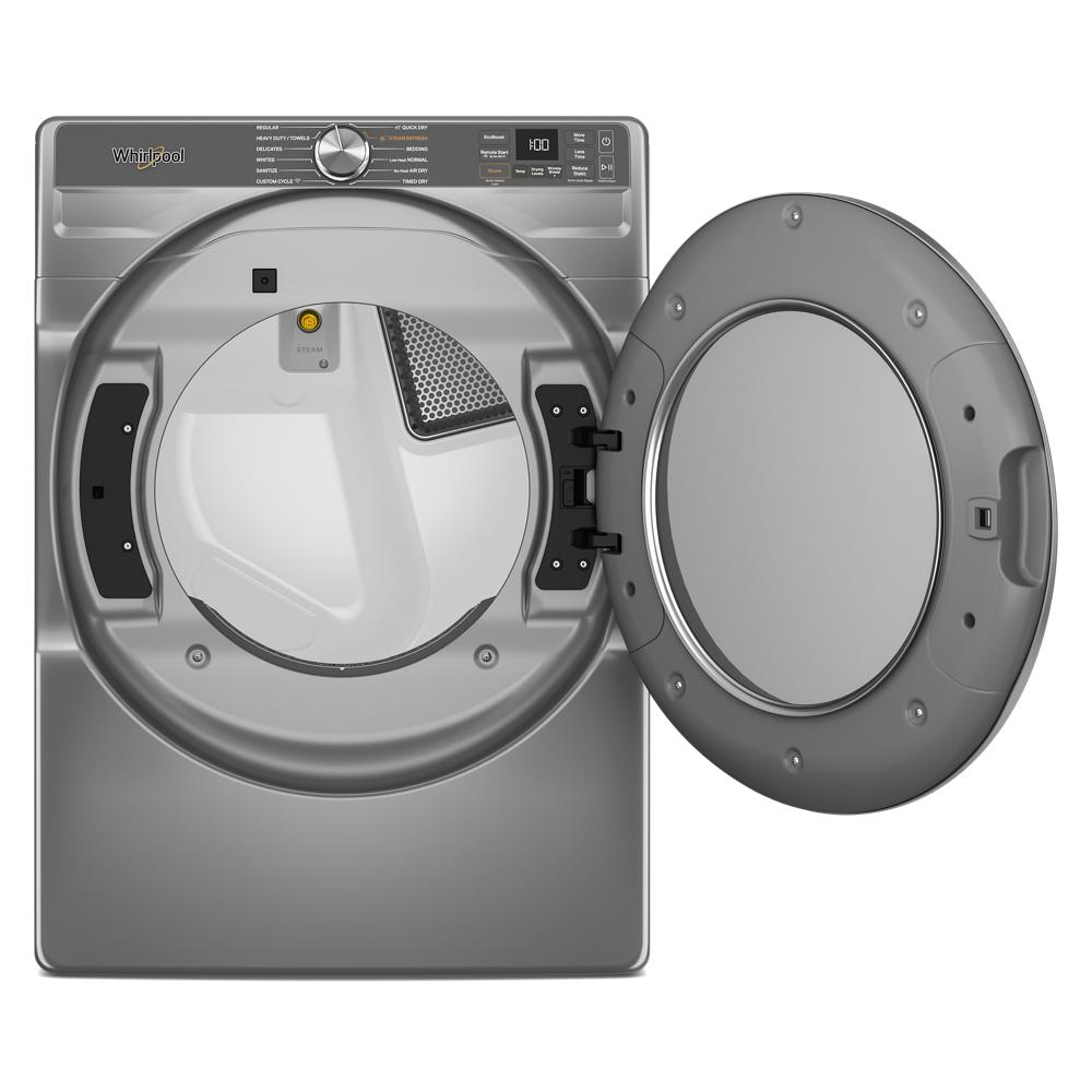 Front load smart gas dryer in metallic finish with open door and control panel in Dryers and Appliances collection