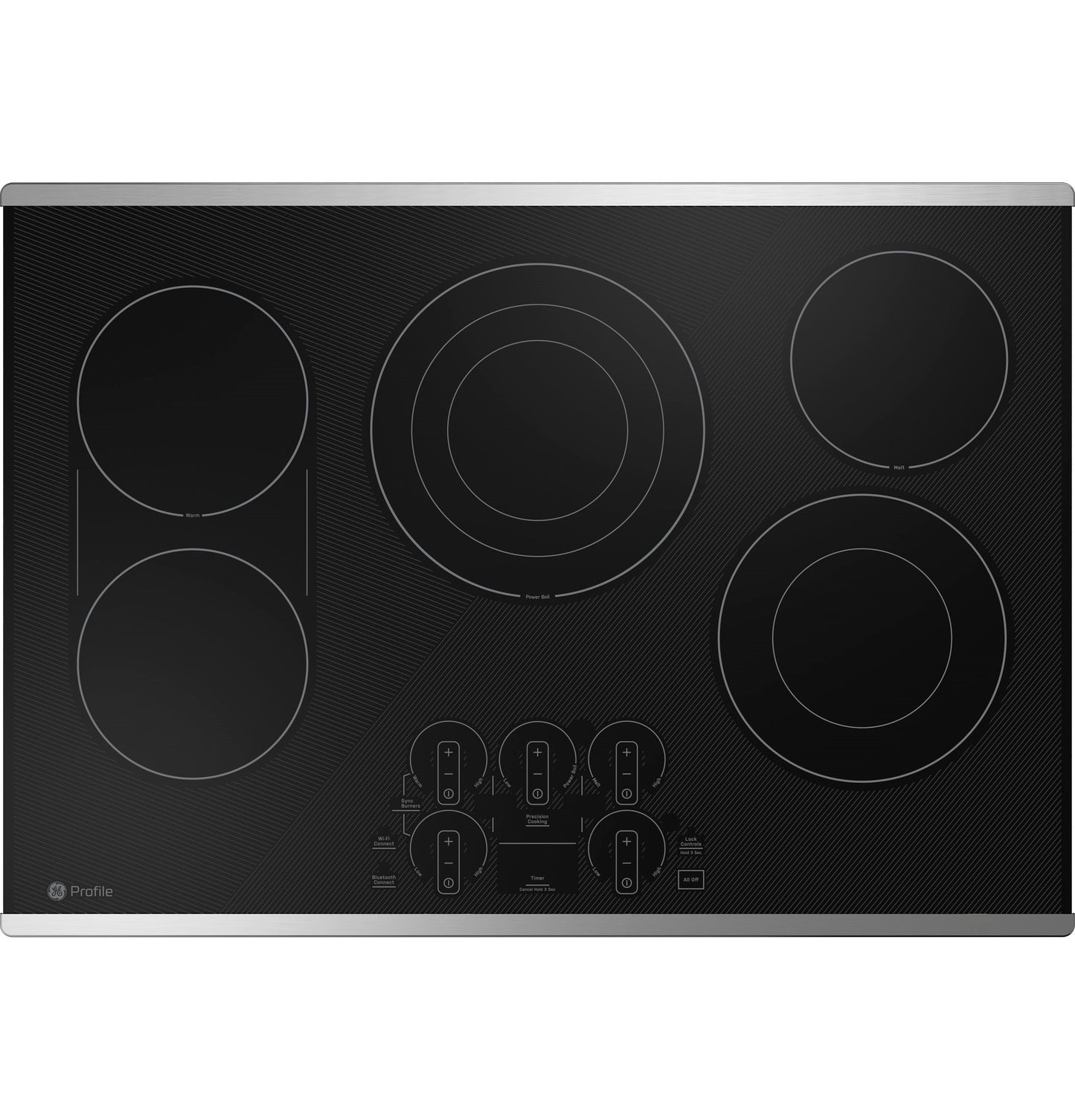 Black built-in electric cooktop with five touch control burners and stainless steel trim from Electric Cooktops collection