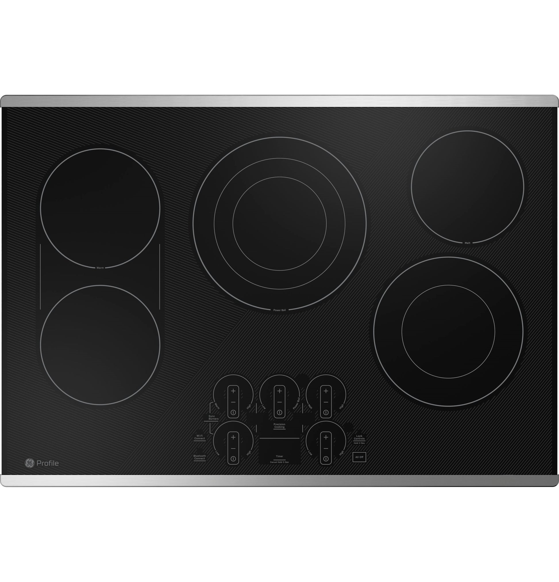 Black built-in electric cooktop with five touch control burners and stainless steel trim from Electric Cooktops collection